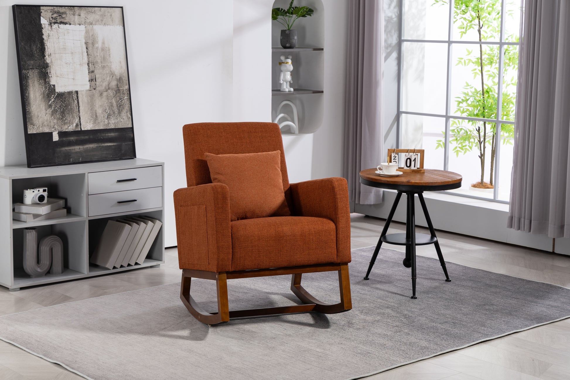 Mid Century Modern Accent Chair With Wood Frame, Upholstered Living Room Chairs With Waist Cushion, Reading Armchair For Bedroom Sunroom Brown Linen