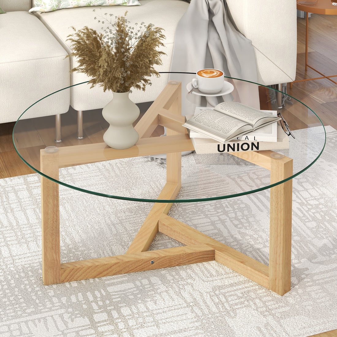 Picture Round Glass Coffee Table Modern Cocktail Table Easy Assembly With Tempered Glass Top & Sturdy Wood Base, Natural Old Sku: Wf190112Aal Natural Glass