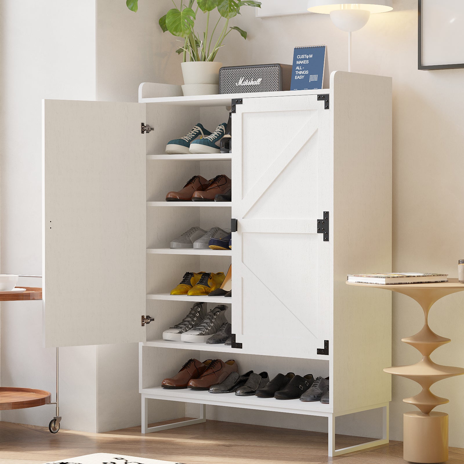 Shoe Cabinet With Doors, 6 Tier Shoe Storage Cabinet With Adjustable Shelves, Wooden Shoes Rack Shoe Storage Organizer For Entryway, Hallway, Closet, Living Room White Bedroom Farmhouse Mdf