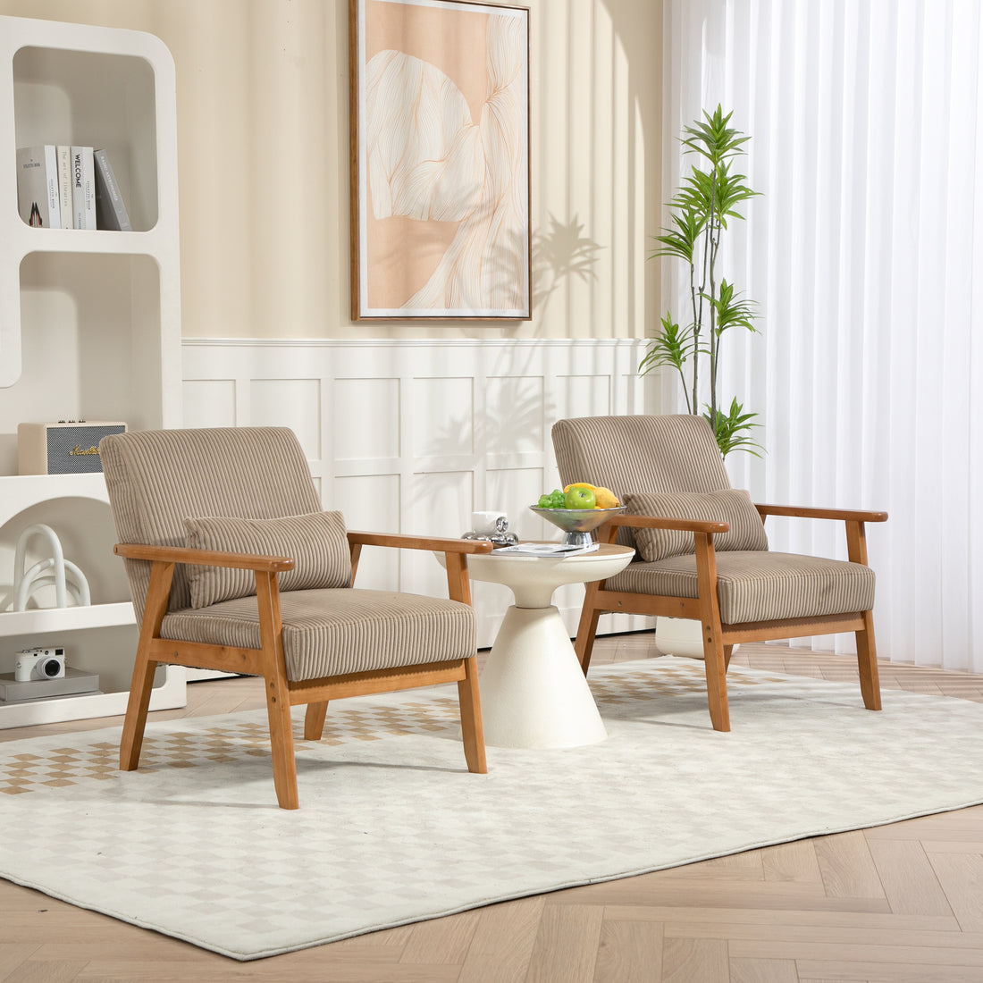 Leisure Chair With Solid Wood Armrest And Feet, Leisure Chair, Wood Frame, Velvet, Solid Rubber Wood Legs, Mid Century Modern Accent Chair, For Living Room Bedroom Studio Chair,Two Packs Camel Corduroy