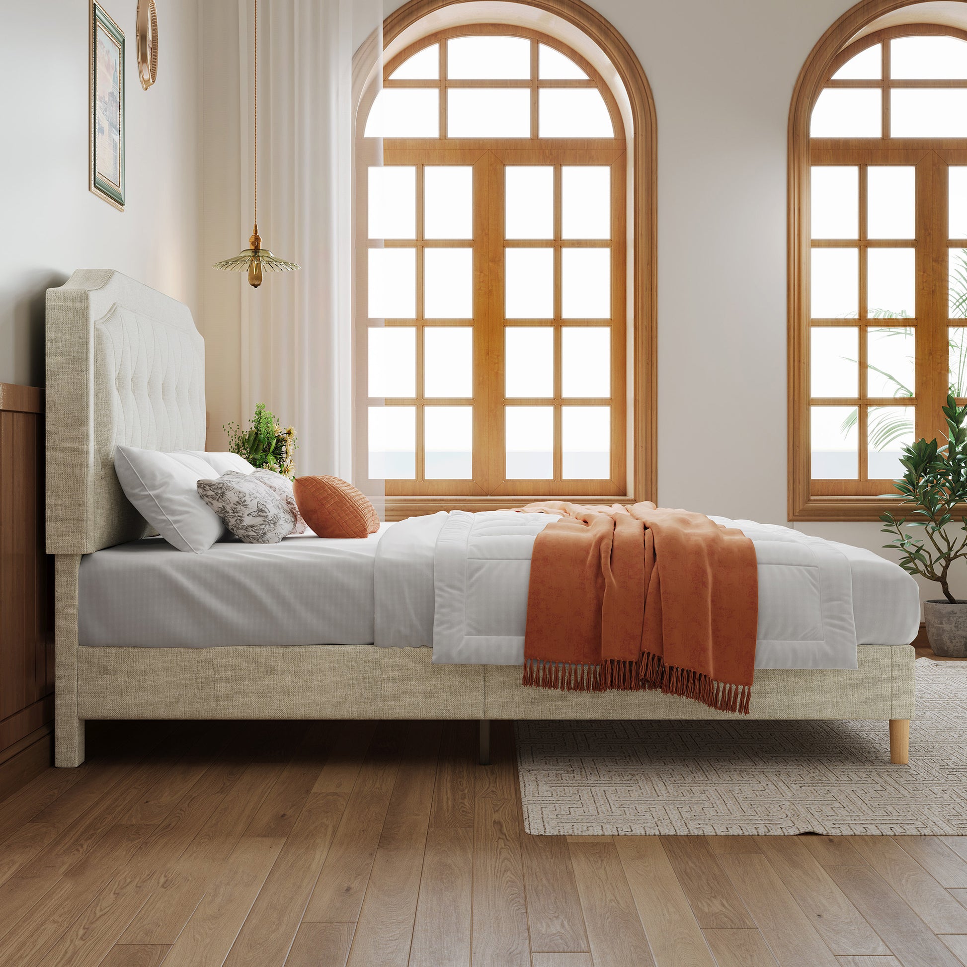 Queen Size, Cotton Linen Fabric, Mesh Mounted Bed, Stable, Easy To Assemble, Light Grey Queen Light Gray Mdf Acacia