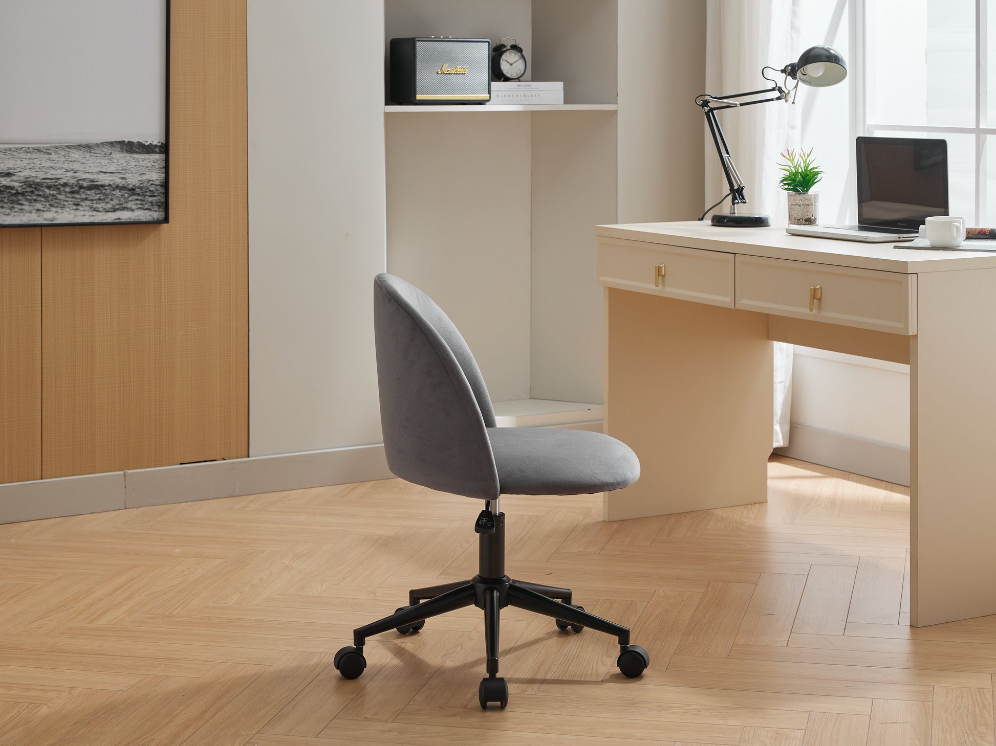Velvet Fabric Office Chair Desk Chair, Mid Back Adjustable Swivel Computer Chair With Black Legsmodern Upholstered Desk Chair With Wheels Grey Black Foam Polyester Blend