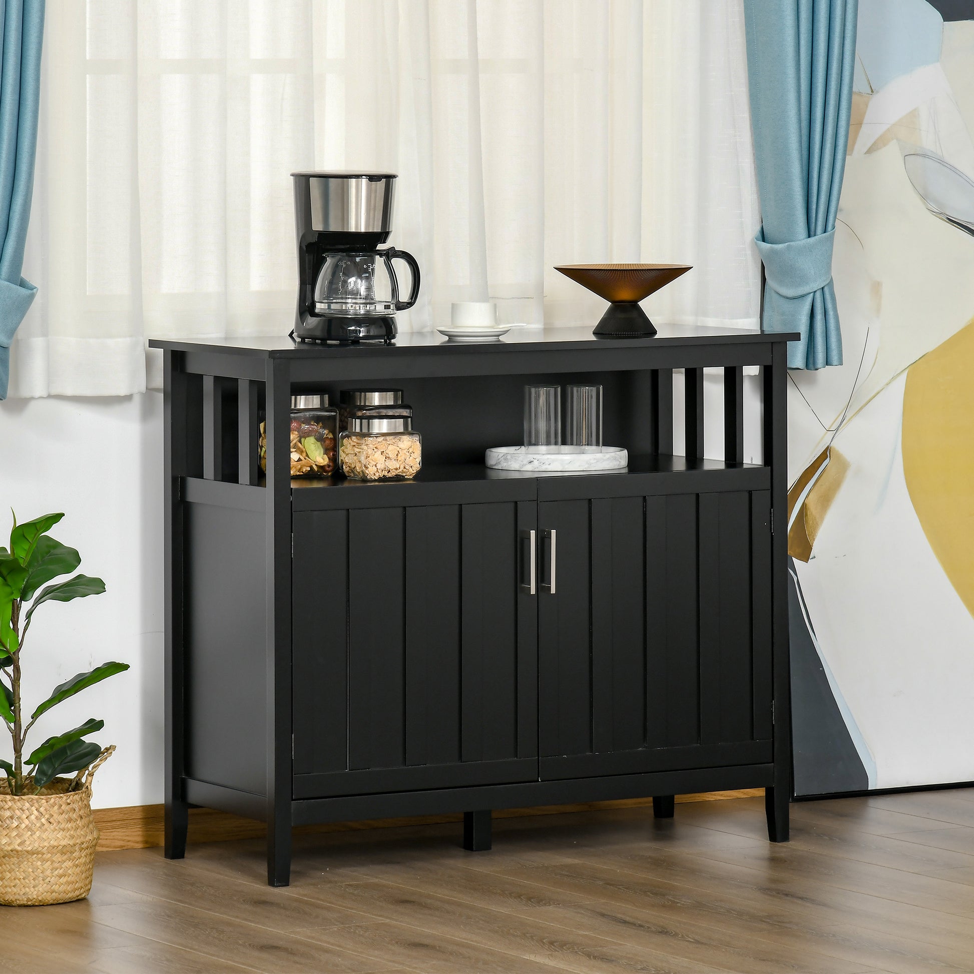 Homcom Sideboard Buffet Cabinet, Kitchen Cabinet, Coffee Bar Cabinet With 2 Doors And Adjustable Shelves For Entryway Living Room, Black Black Mdf