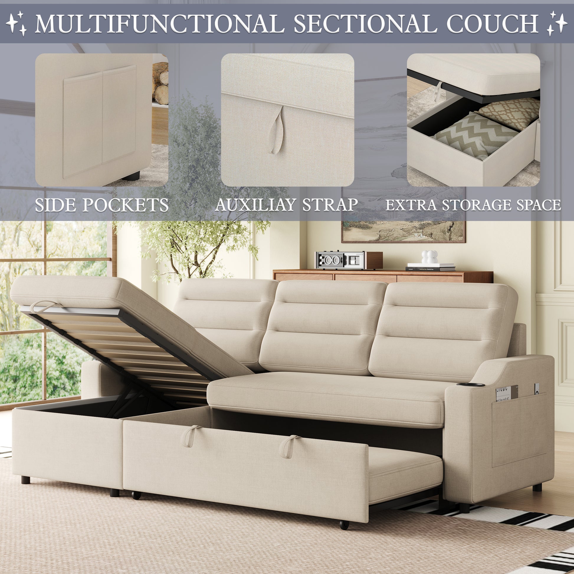 Mh83.5" Convertible Sleeper Combo Sofa, Convertible Sofa Bed Polyester Pullout Bed With Storage Recliner And Cup Holder For Living Room, Tight Spaces Beige Polyester Wood Primary Living Space Pine Foam Fabric 3 Seat