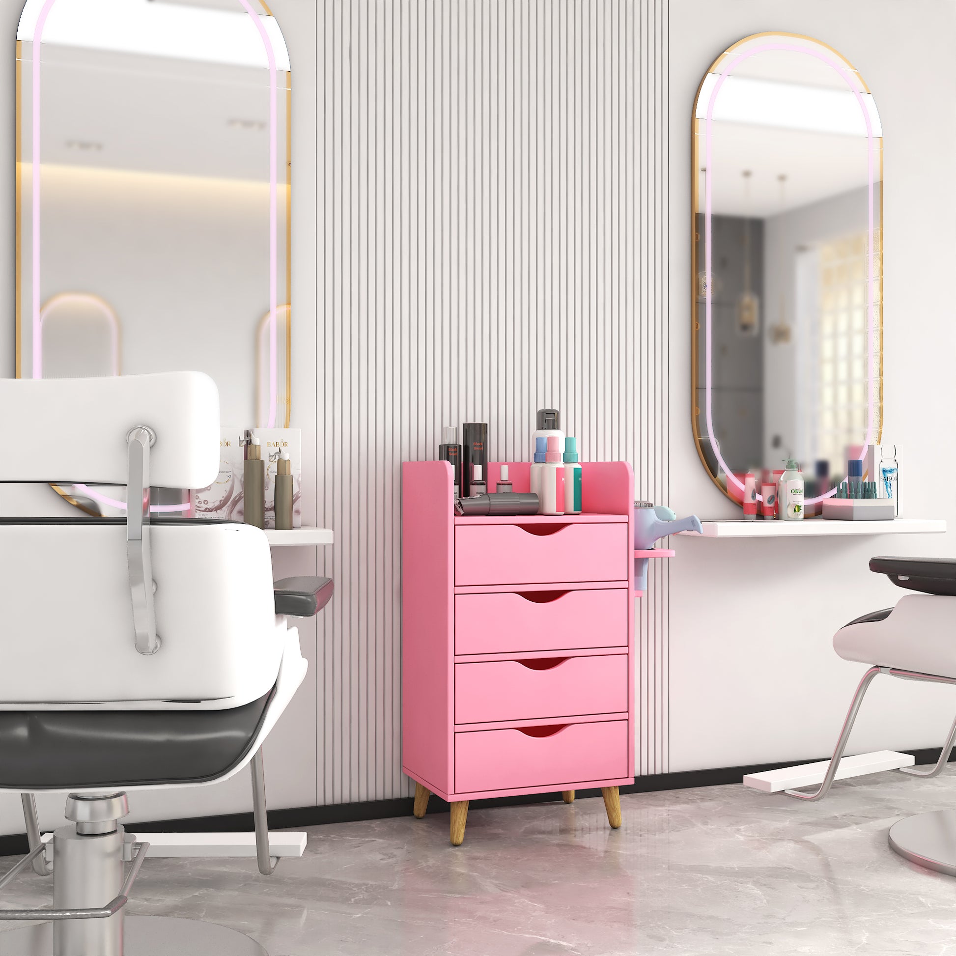 4 Layer Salon Storage Cabinet,Beauty Barber Salon Styling Station Organizer Equipment,Hair Stylist Station Set With 2 Hair Dryer Holders,4 Drawers And Raised Table Legs Pink Mdf