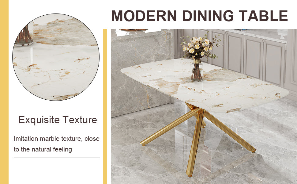 Table And Chair Set.Modern Luxurious White Marble Patterned Tempered Glass Dining Table Set With Transparent Pp Chairs.6 Transparent High Quality Pp Dining Chairs With Golden Legs. White Gold Seats