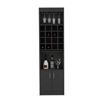 Bar Double Door Cabinet, Sixteen Built In Wine Rack, Concealable Serving Tray, One Shelf, Black Black Solid Wood Mdf Engineered Wood