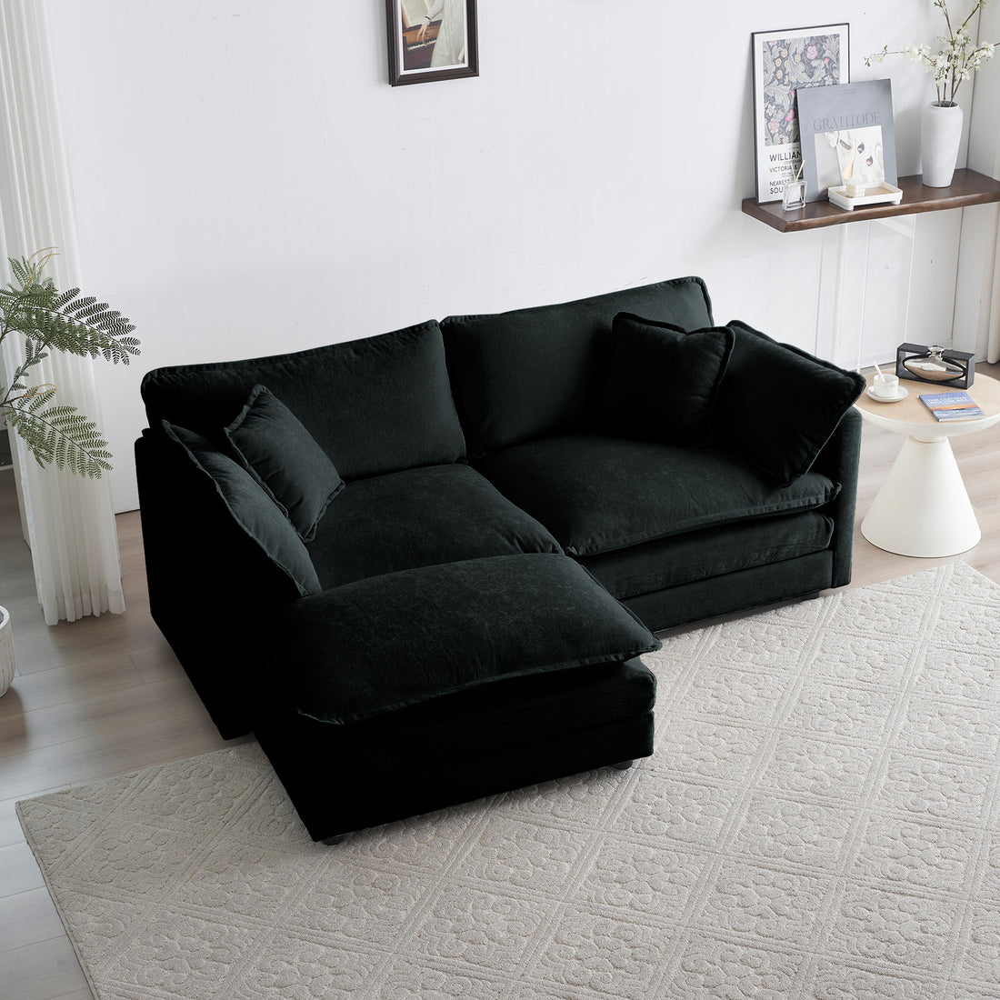 Chenille Two Seater Sofa With 1 Footrest, 2 Seater L Shaped Sectional With Ottoman,Loveseat With Ottoman For Small Living Space, Black Chenille Black Chenille 2 Seat