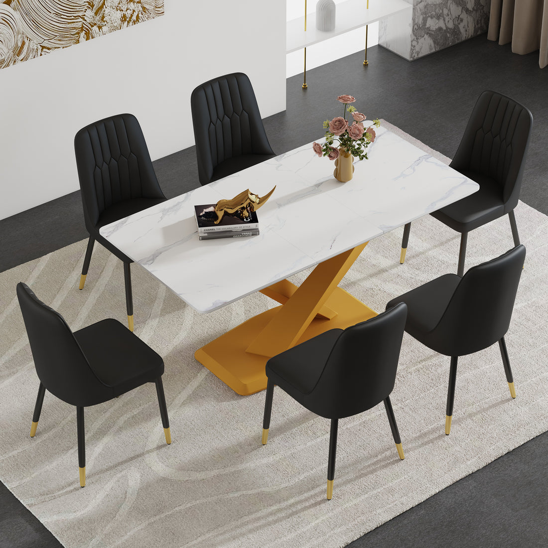 Table And Chair Set.The Table Is Equipped With A Marble Patterned Mdf Tabletop And Gold Table Legs.Paired With 6 Black Chairs With Pu Cushions And Black Metal Legs. Black Gold Seats 6 Mdf Metal