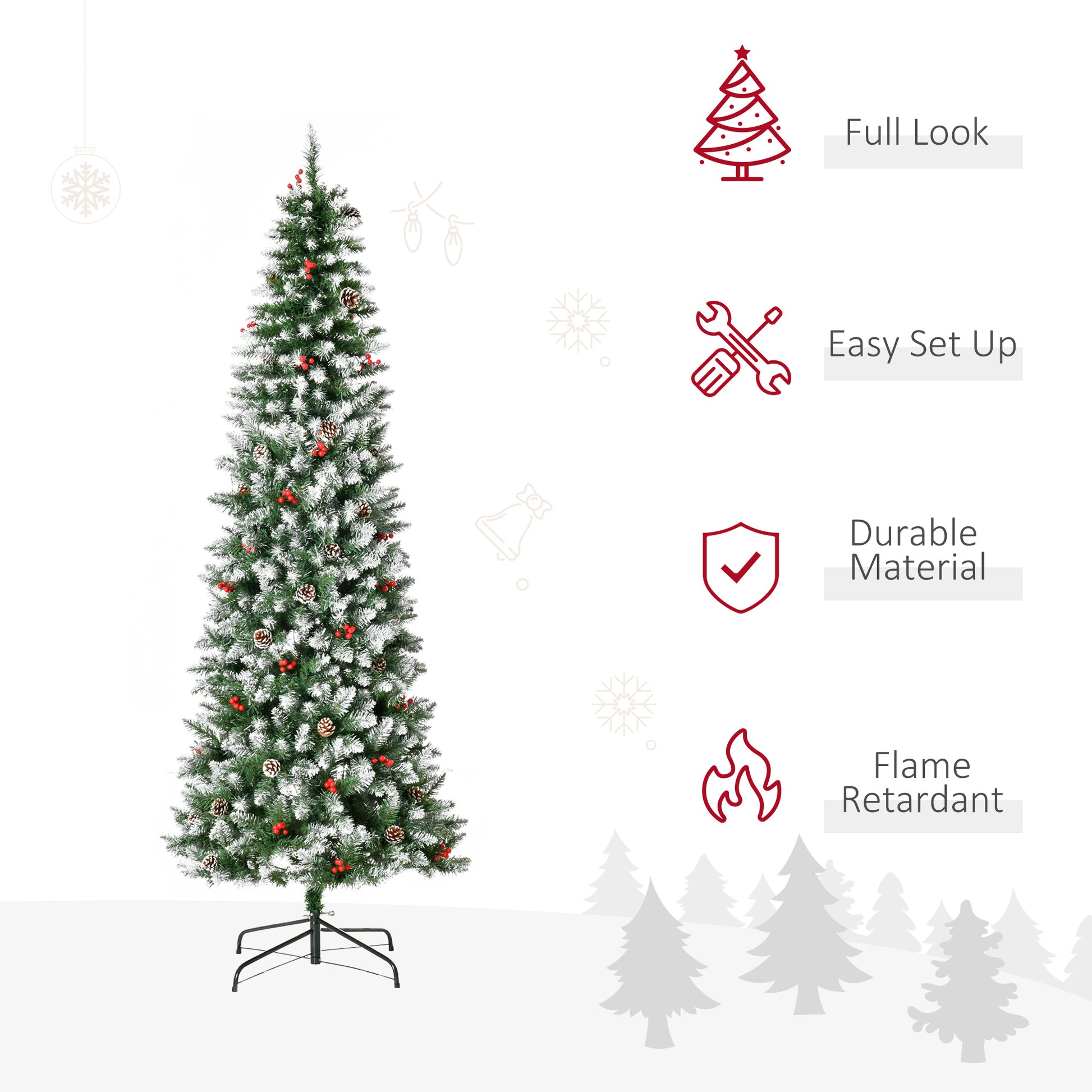 Homcom 9Ft Pre Lit Snow Dipped Artificial Christmas Tree With Realistic Branches, 460 Led Lights, Pine Cones, Red Berries And 1298 Tips Green Pvc