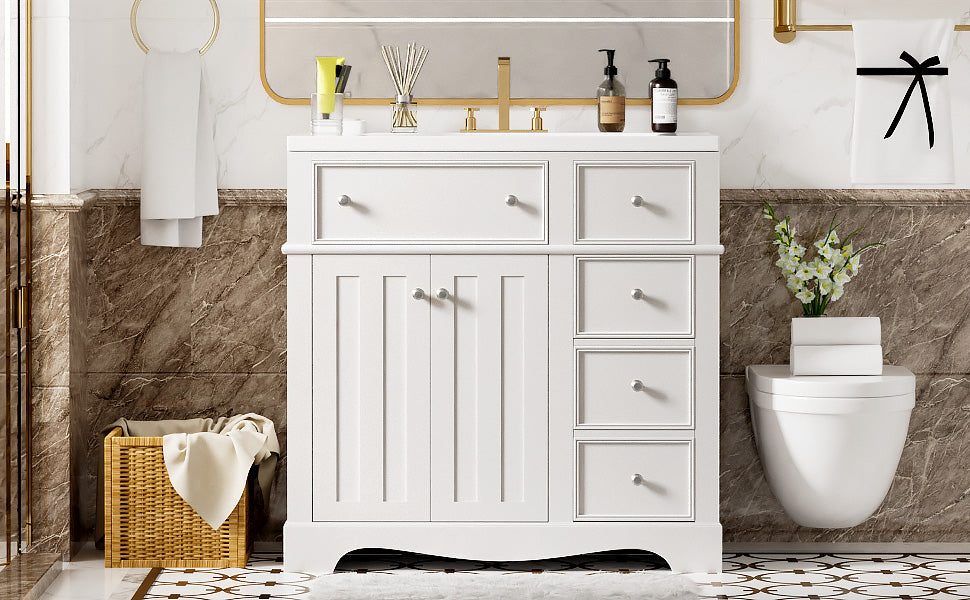 36'' Bathroom Vanity With Resin Sink Combo, Solid Wood Frame Bathroom Storage Cabinet, Freestanding Vanity Set With 3 Drawers& Adjustable Shelf White Bathroom Modern Solid Wood Mdf Resin