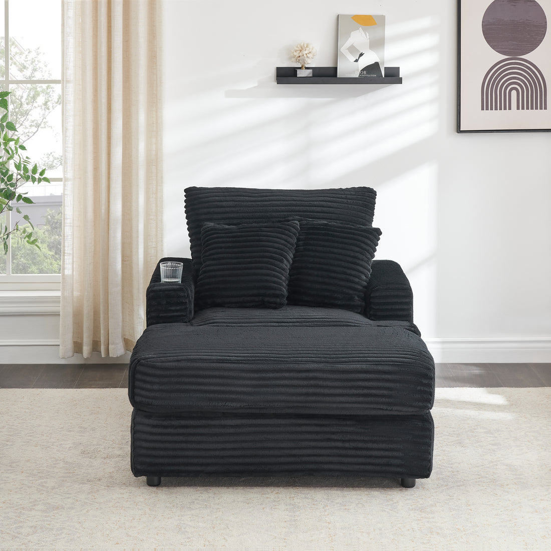 39 Inch Spring Upholstered Armchair And Ottoman Set Comfortable Single Sofa With Cup Holder And Corduroy Fabric, Perfect For Living Room Or Bedroom Black Corduroy 1 Seat