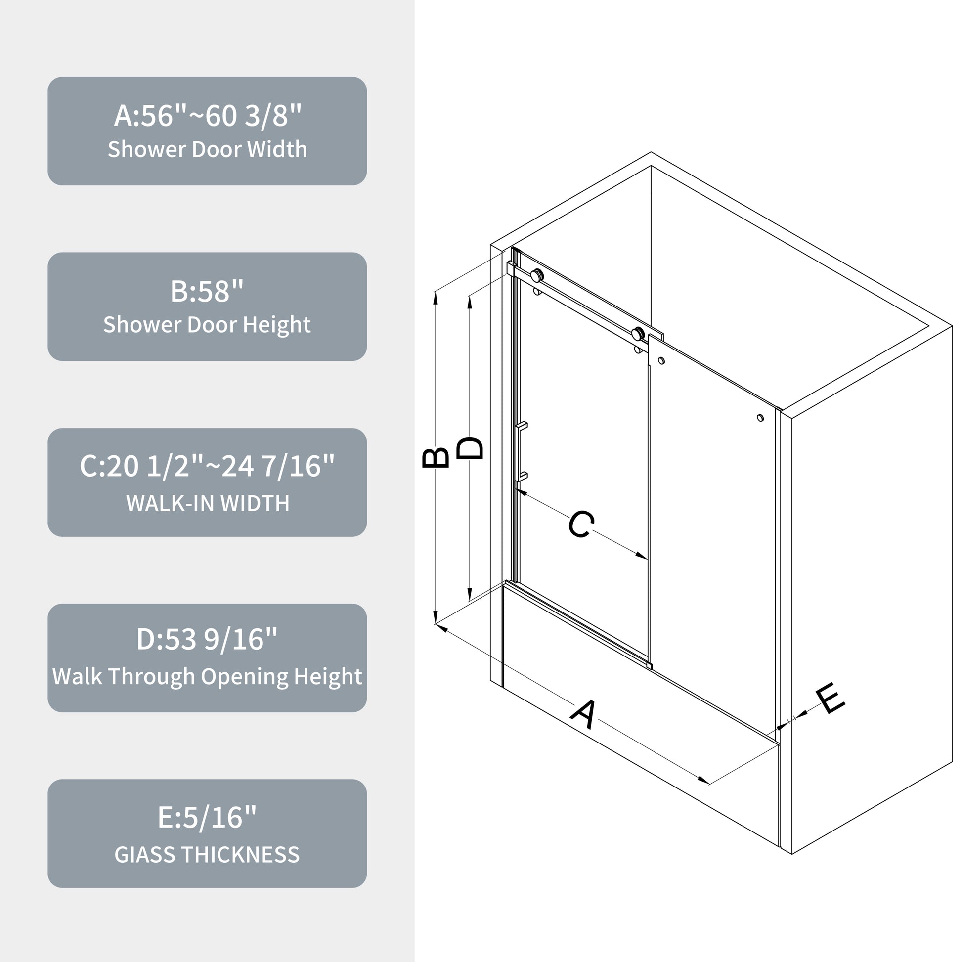 Bathtub Shower Door, Sliding Door, With 5 16" Tempered Glass And Polished Finish 6058 Chrome Bathroom Aluminium Alloy