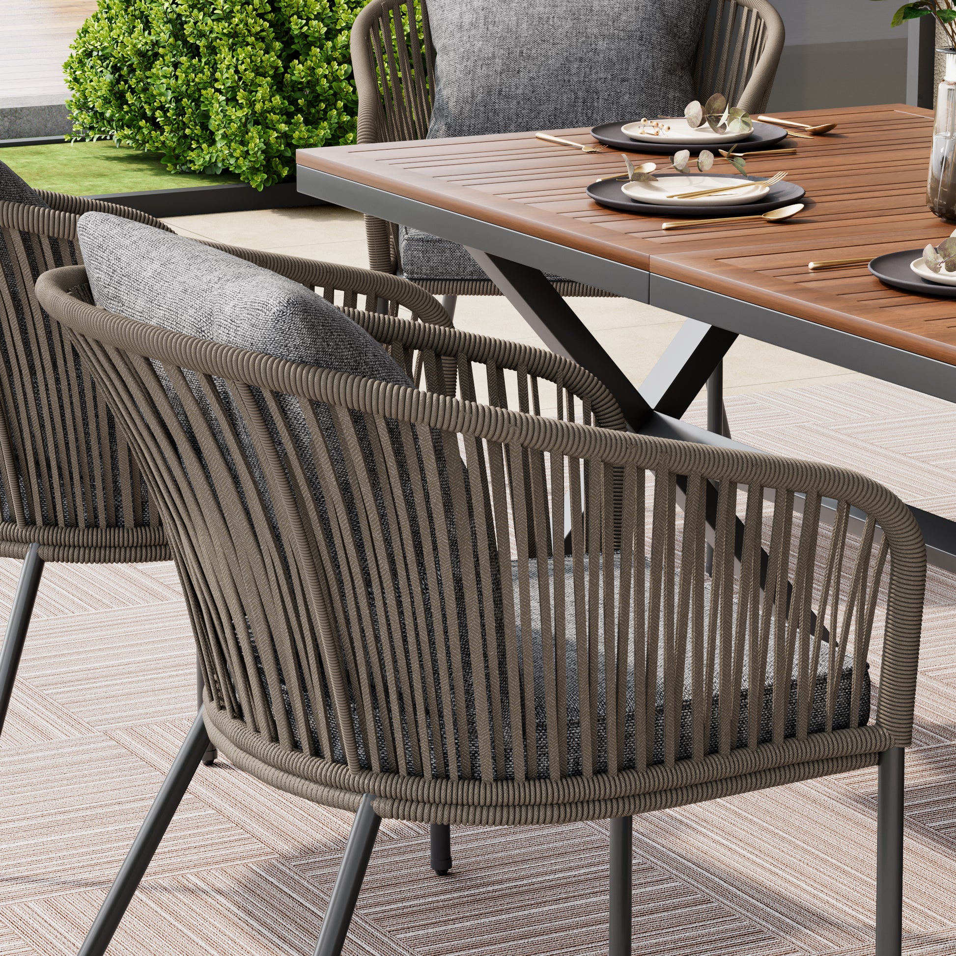 7 Pieces Patio Dining Set, All Weather Outdoor Furniture Set With Dining Table And Chairs, Acacia Wood Tabletop, Metal Frame, For For Garden, Backyard, Balcony, Grey Yes Grey Seats 6 Garden &
