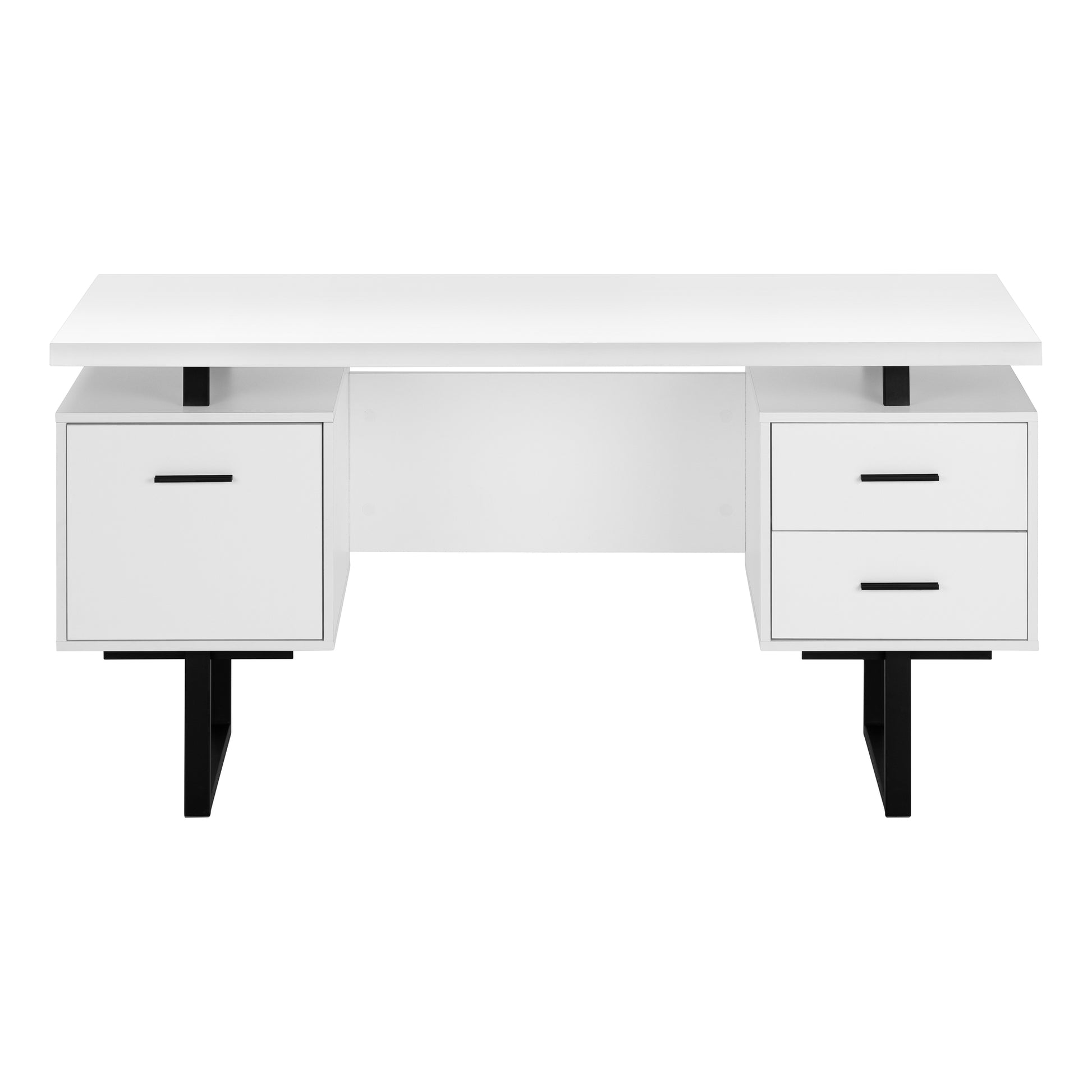 Computer Desk, Home Office, Laptop, Left, Right Set Up, Storage Drawers, 60"L, Work, White Laminate, Black Metal, Contemporary, Modern White Particle Board