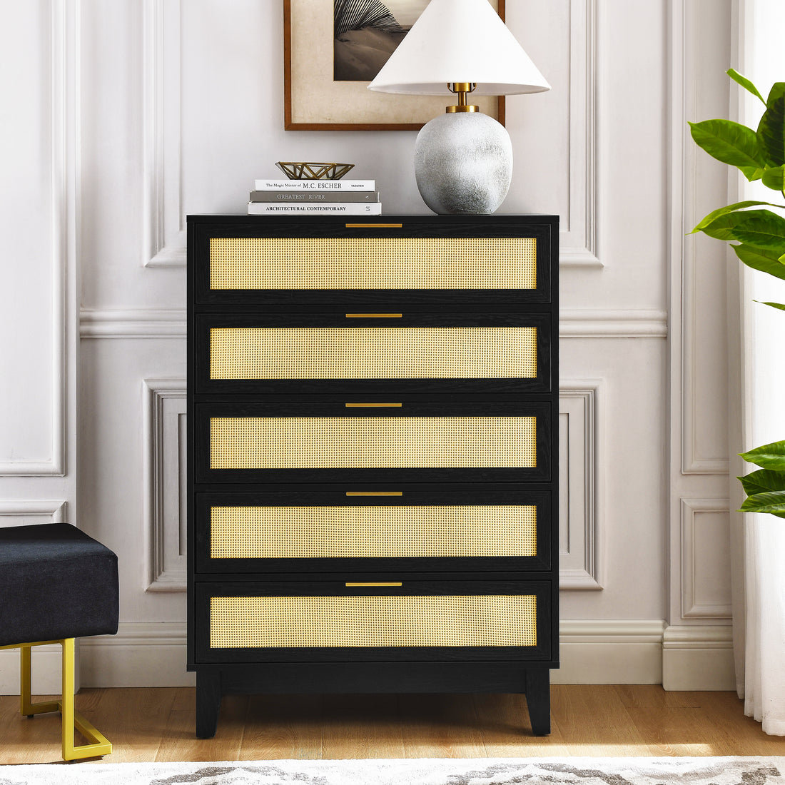 Bedroom 5 Drawer Dresser, Rattan Dresser Modern Wooden Chest Of Drawers With Spacious Storage Space For Bedroom Hallway Living Room Black Solid Wood Mdf