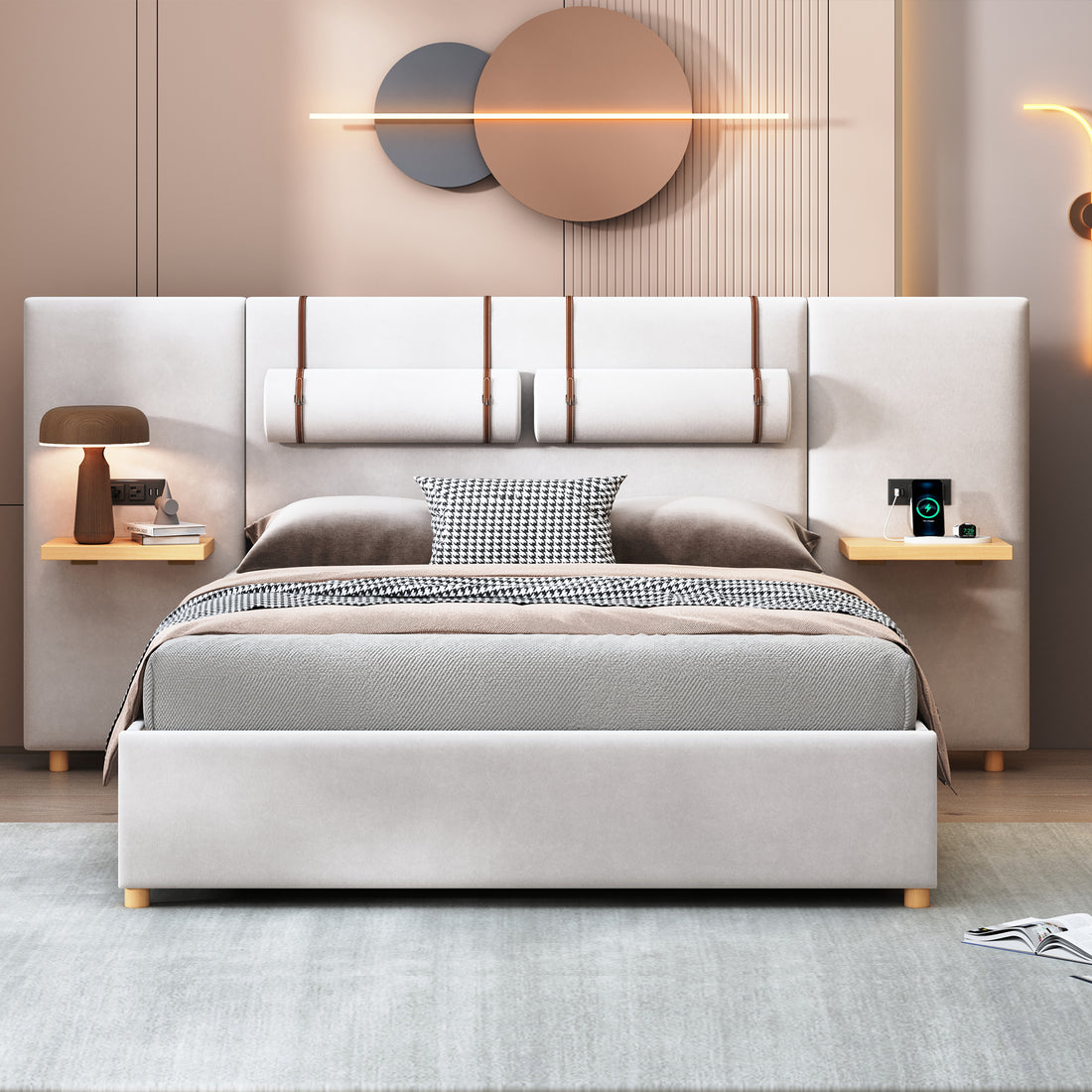 Queen Size Upholstered Platform Bed, Two Outlets And Usb Charging Ports On Both Sides, Two Bedside Pillows, Storage Shelves,Velvet, Beige Queen Beige Mdf Lvl