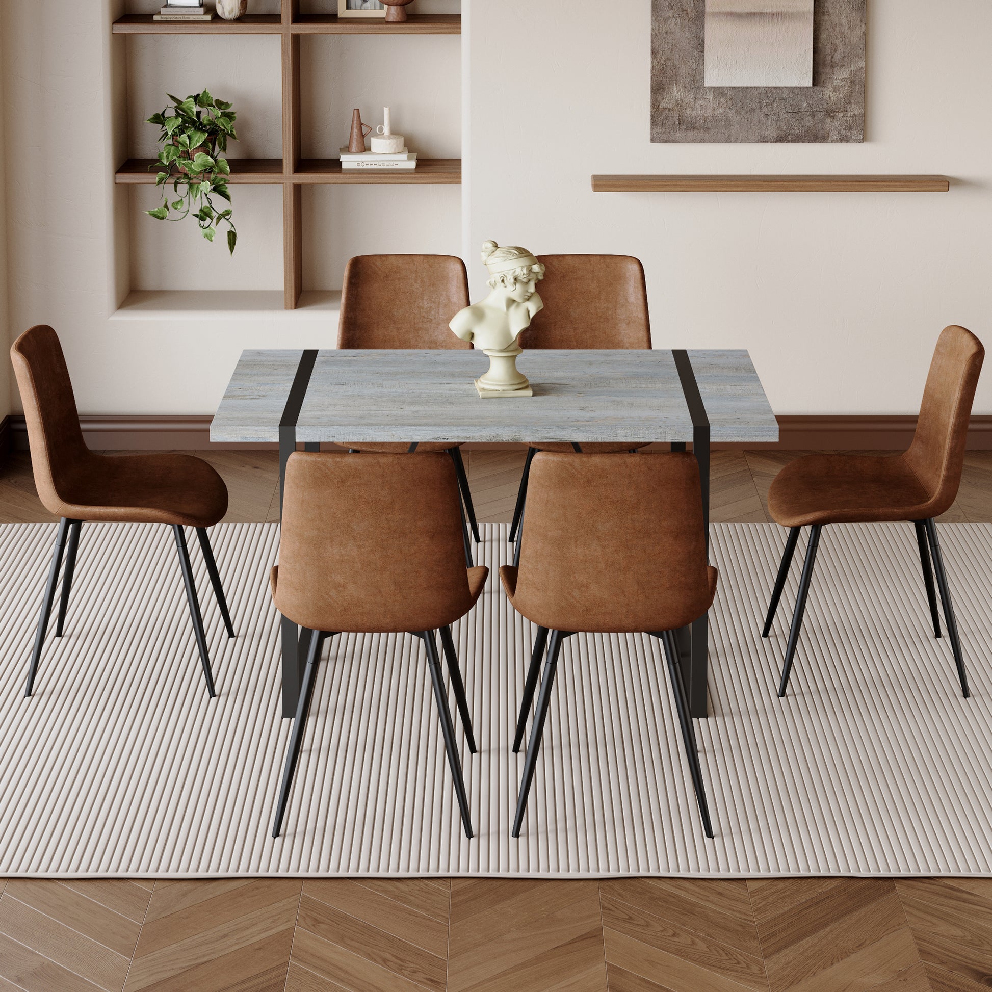 Table And Chair Set. Modern Minimalist Grey Marble Textured Mdf Dining Table With Metal Frame. Paired With 6 Chairs With Soft Suede Cushions And Black Metal Legs. Brown Seats 6 Mdf Metal