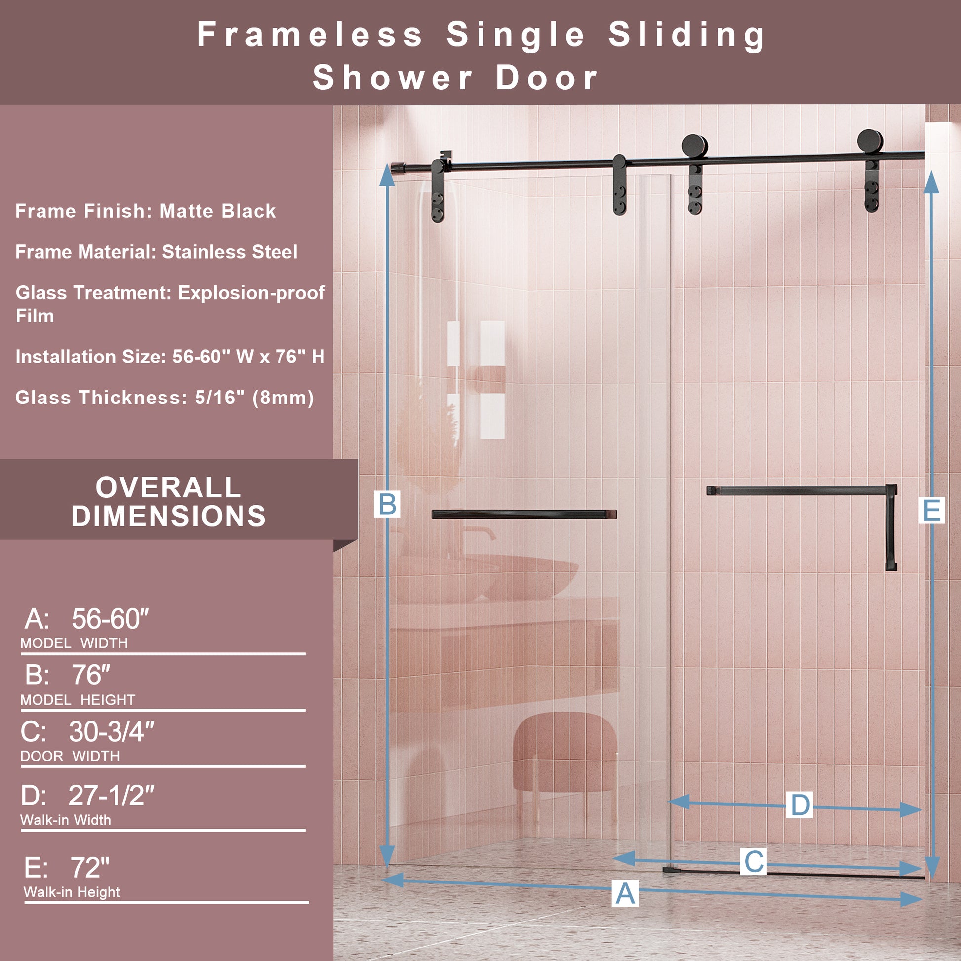 56" 60" W X 76" H Frameless Shower Door, Single Sliding Shower Door, 5 16" 8Mm Clear Tempered Glass Shower Door Explosion Proof Film, Stainless Steel Hardware, Matte Black 24D210 60Mb Combo 1 Matte Black Glass