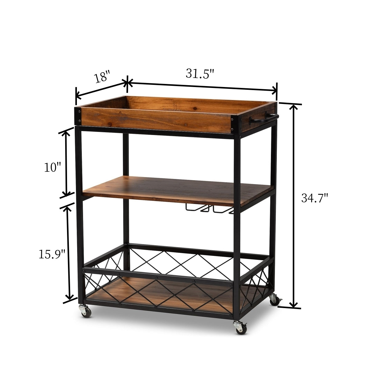 32.6'' Tall Industrial Style Rolling Kitchen Island Wine Cart With Black Finished, Fir Wood Mobile Metal Wine Bar Cart With Glass Rack, Oak Brown Dark Oak Brown Dining Room Industrial Rectangular Kitchen Carts Fir Solid Wood Small Less Than 40In