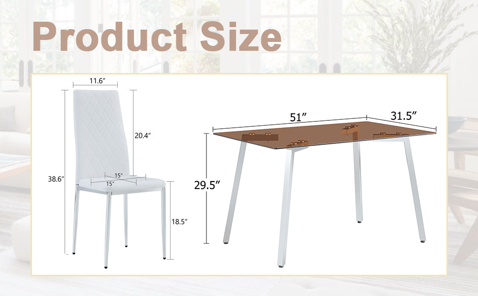 Table And Chair Set.Large Modern Rectangular Table With Brown Glass Top And Silver Metal Legs. Paired With 4 White Chairs With Checkered Armless High Back Pu Cushion And Silver Metal Legs. Silver,White Seats 4 Glass Metal