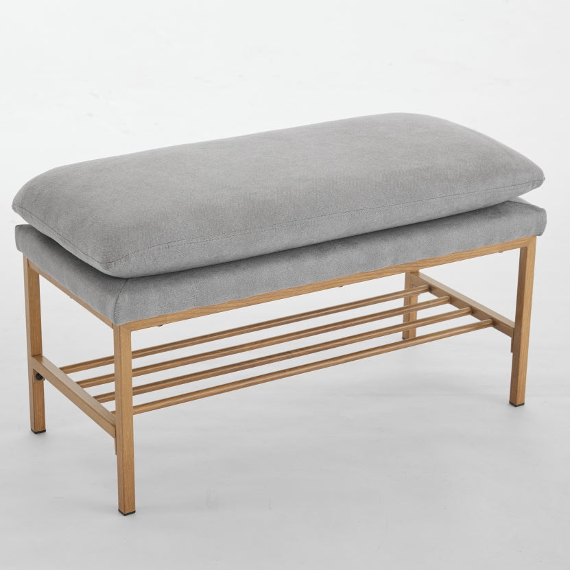 End Of Bed Bench With Shelf, Linen Upholstered Storage Shoe Bench, Modern Bedroom Bench With Metal Legs For Living Room, Entryway, Dining Room, 300 Lb, Linen Color Gray Gray Polyester Blend