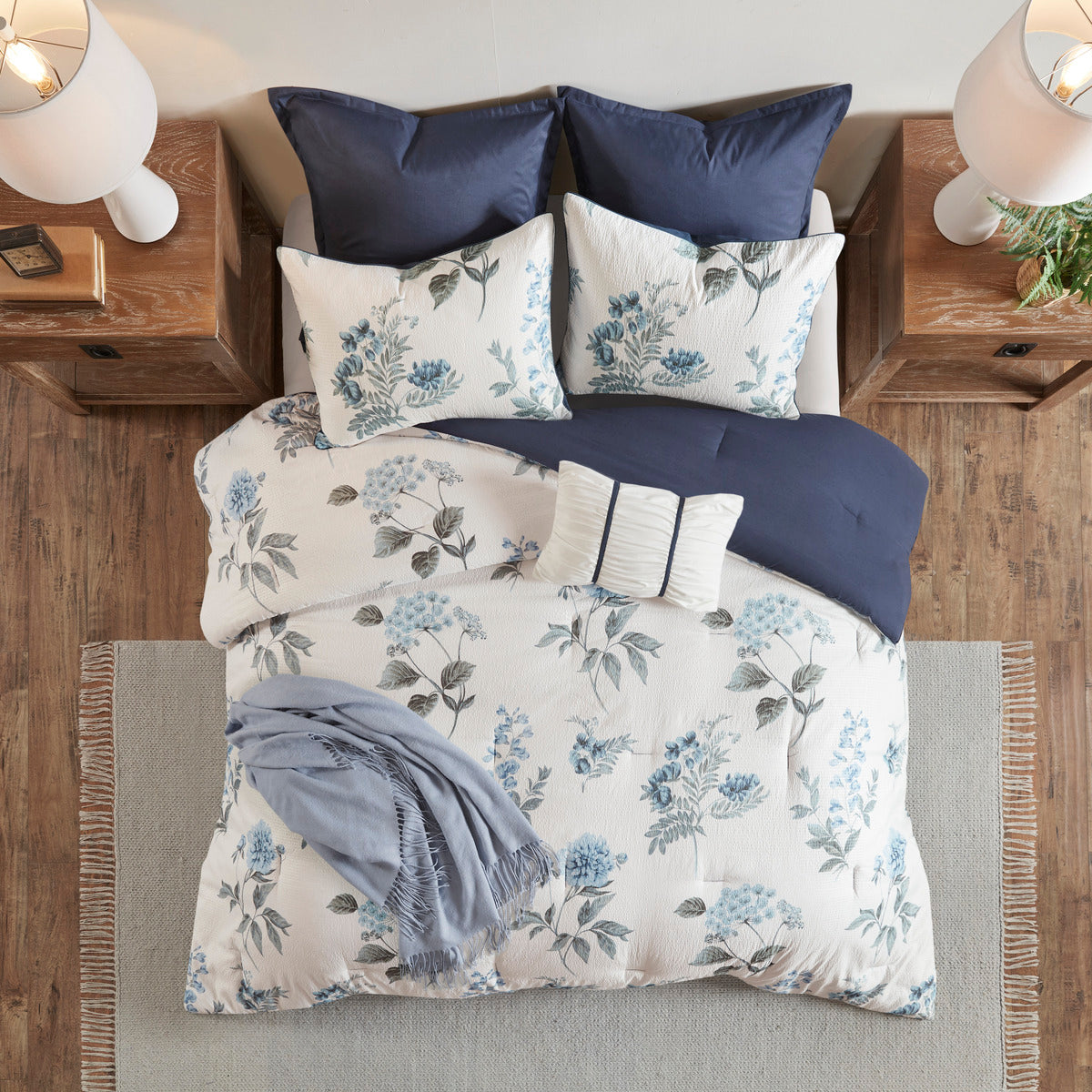 7 Piece Printed Seersucker Comforter Set With Throw Blanket Blue King Cal King King Blue Microfiber