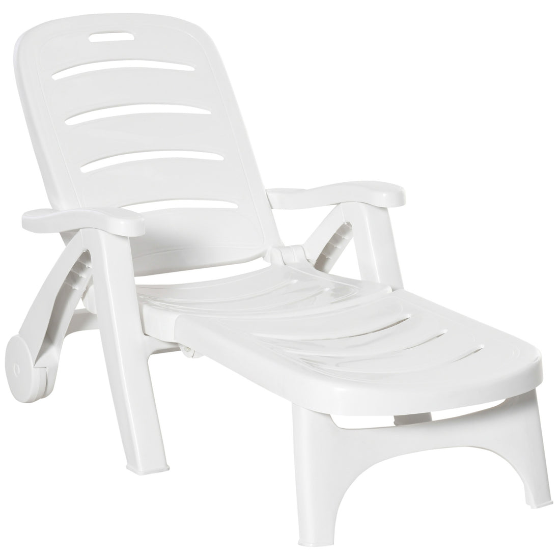 Outsunny Outdoor Chaise Lounge, 5 Level Adjustable Backrest Lounge Chair With Wheels, Folding Tanning Chair For Pool, Beach, Patio, Garden, White White Polypropylene
