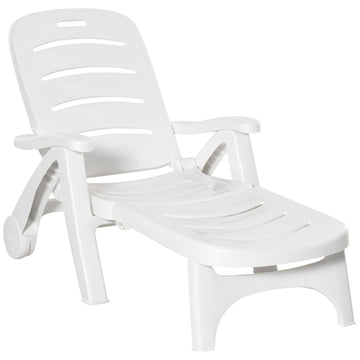 Outsunny Outdoor Chaise Lounge, 5 Level Adjustable Backrest Lounge Chair With Wheels, Folding Tanning Chair For Pool, Beach, Patio, Garden, White White Polypropylene