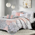 6 Piece Printed Cotton Quilt Set With Throw Pillows Grey Peach Full Queen Full Grey Peach Polyester
