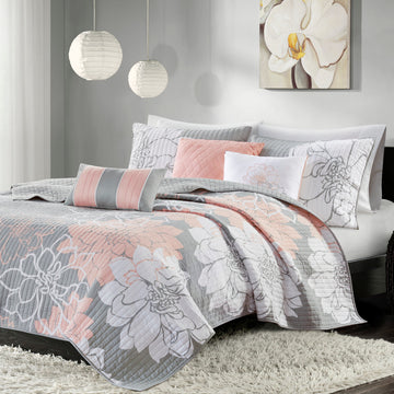 6 Piece Printed Cotton Quilt Set With Throw Pillows Grey Peach Full Queen Full Grey Peach Polyester
