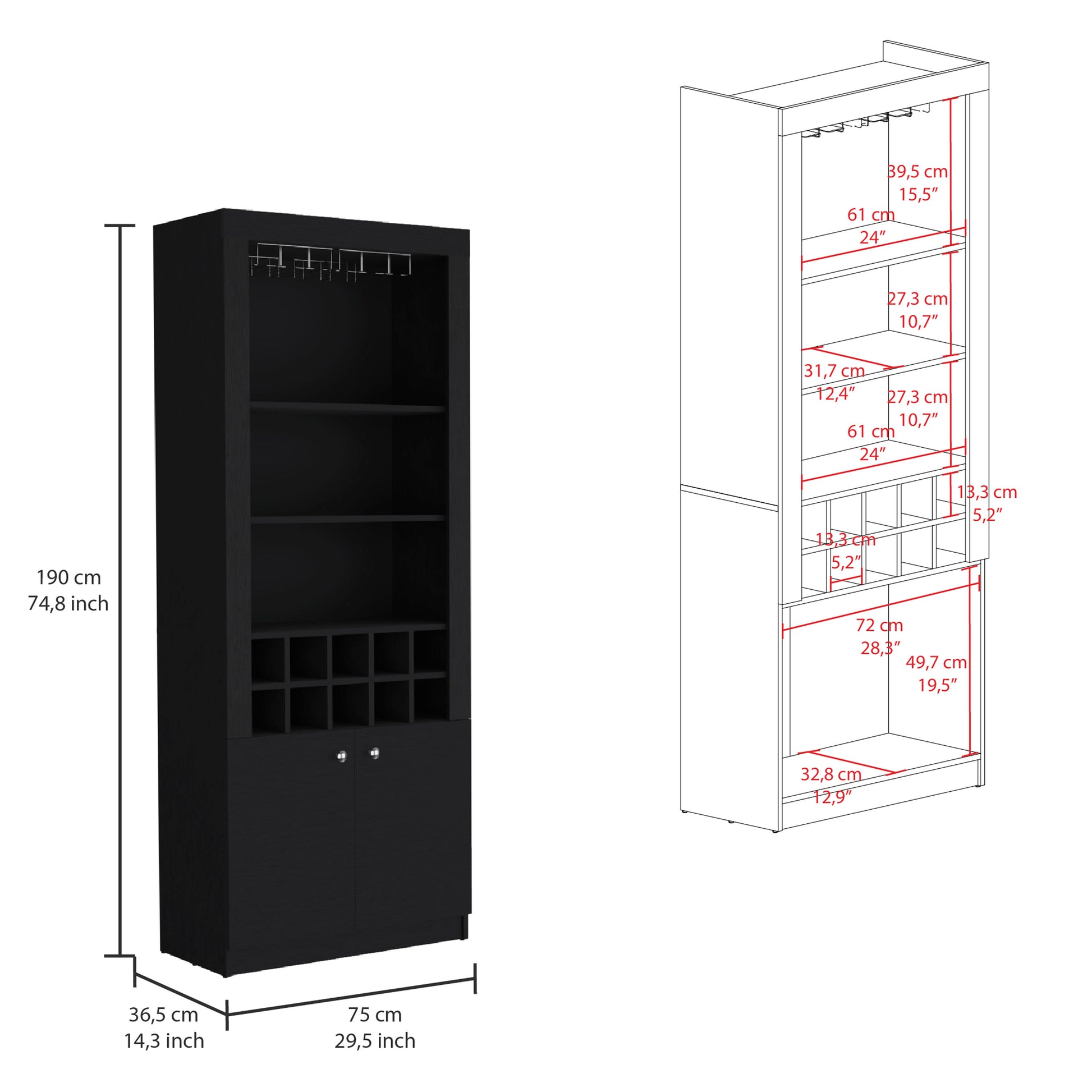 Nero 74 Inch Tall Bar Cabinet 4 Tier Modern Bar Cabinet With Glass Holder Stemware Rack, Wine Cabinet, Liquor Cabinet, 10 Bottle Cubbies And 4 Shelves. Black Primary Living Space Modern Particle Board Shelves Included Engineered Wood