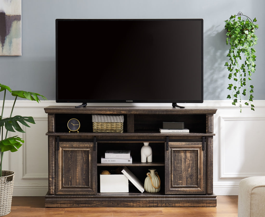 Media Console Table With Storage Cabinet, Mid Century Style Entertainment Tv Table, Multipurpose Sliding Door Tv Cabinet Large Storage Space, 58.11"W*15.79"D*32.36"H Antique Brown Antique Brown Primary Living Space 60 69 Inches 60 69 Inches 60 Inches Mdf