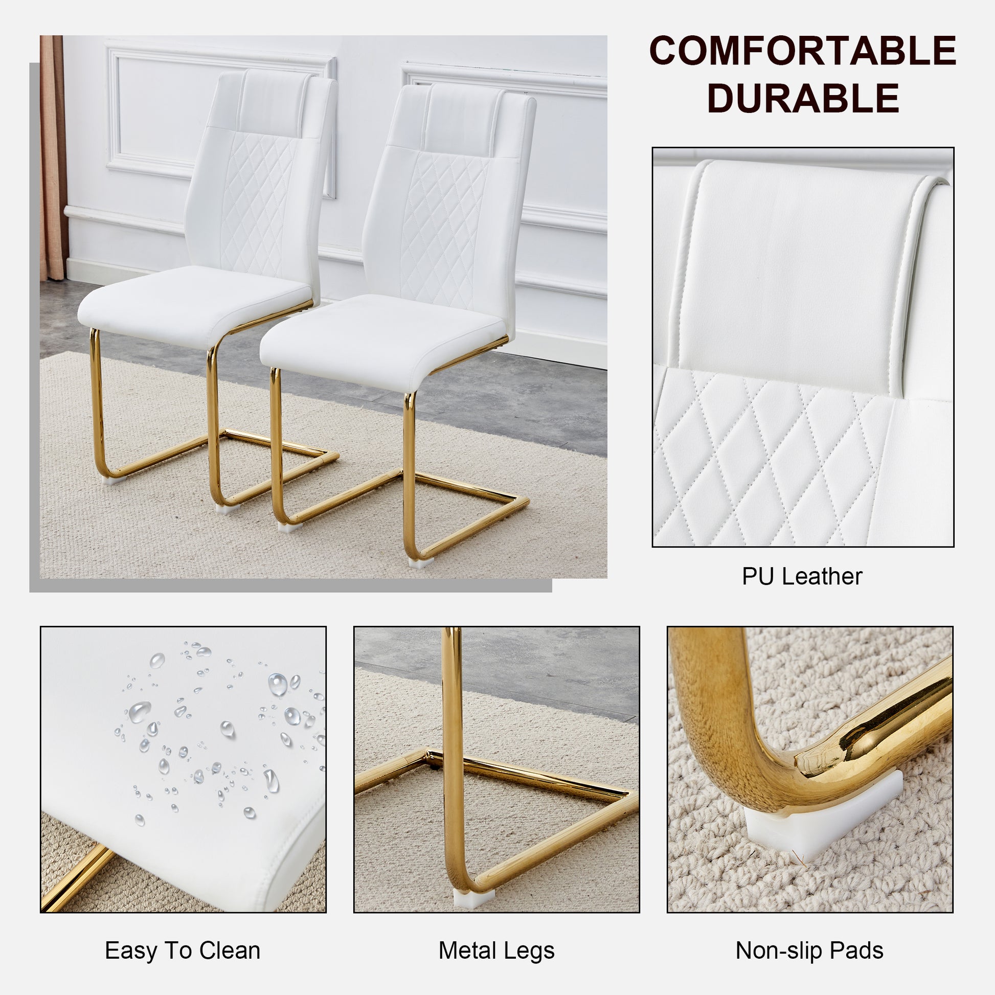 Table And Chair Set.Large Modern Rectangular Table With 0.4 Inch Patterned Glass Tabletop And Large Mdf Table Legs.Comes With 8 Chairs With Faux Leather Cushioned Seats And Golden Metal Legs. Gold White Seats 8 Mdf Glass