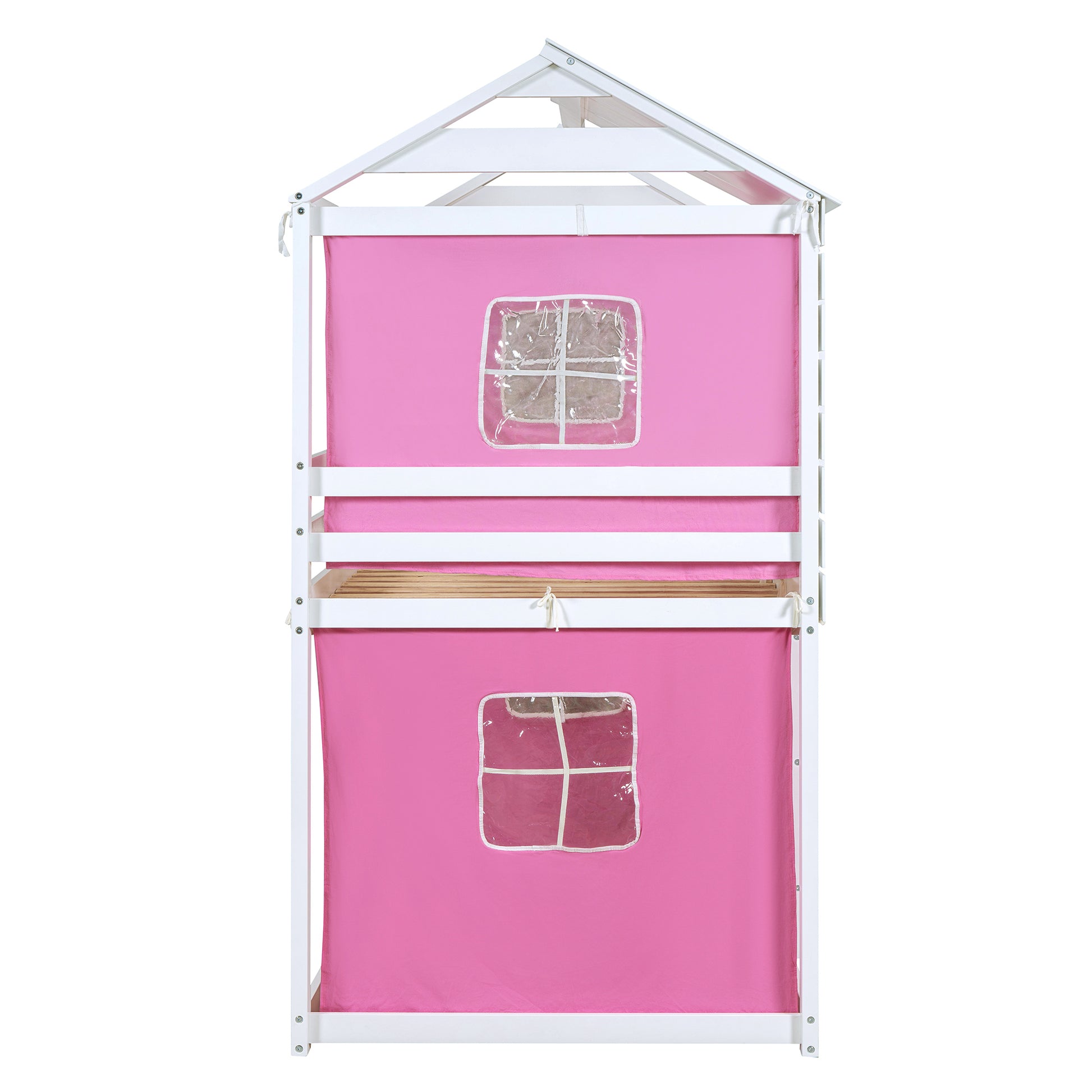 Twin Size Bunk Wood House Bed With Tent, Pink White Twin Pink White Solid Wood Mdf