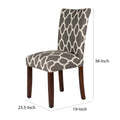 Wooden Parson Dining Chair With Quatrefoil Pattern Fabric Upholstery, Gray And White, Set Of Two Grey White Wood Fabric