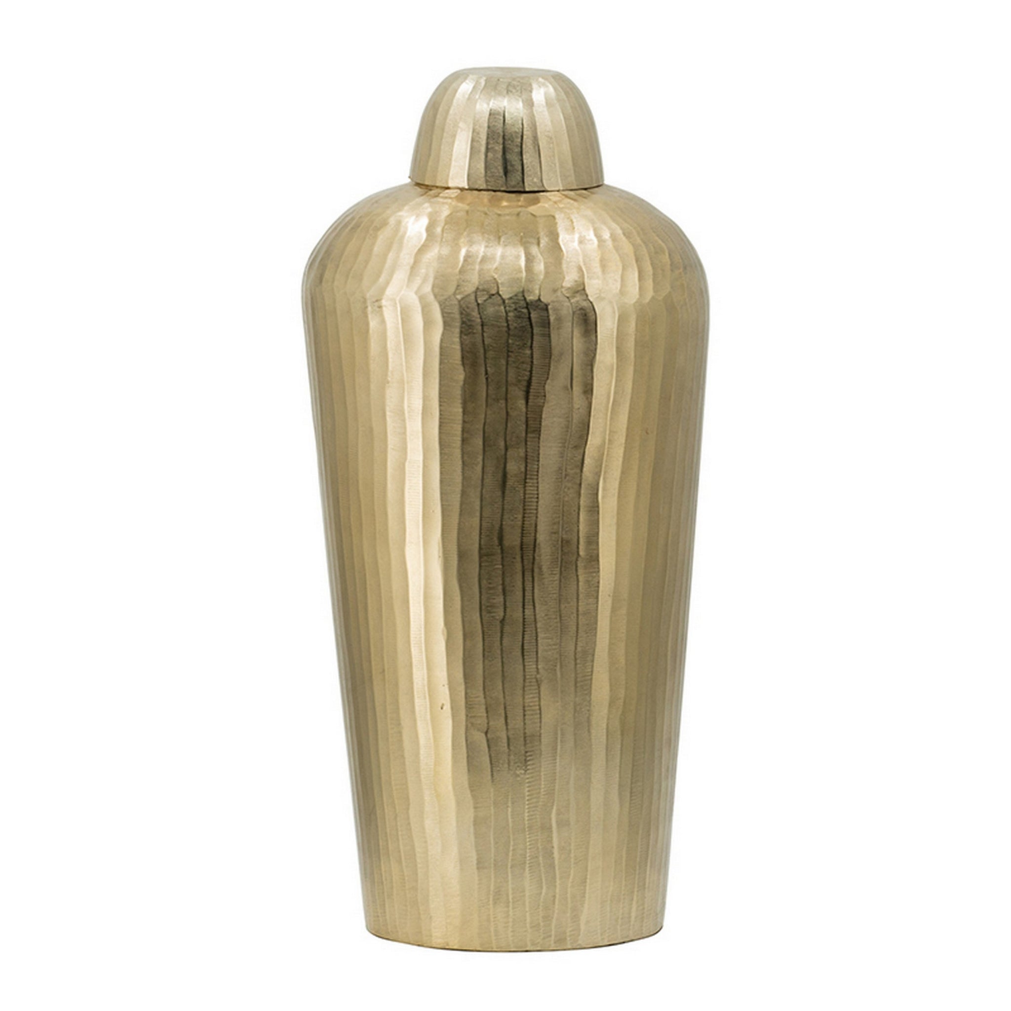 22 Inch Lidded Vase Jar, Tall Curved Silhouette, Hammered Texture, Gold Gold Aluminum