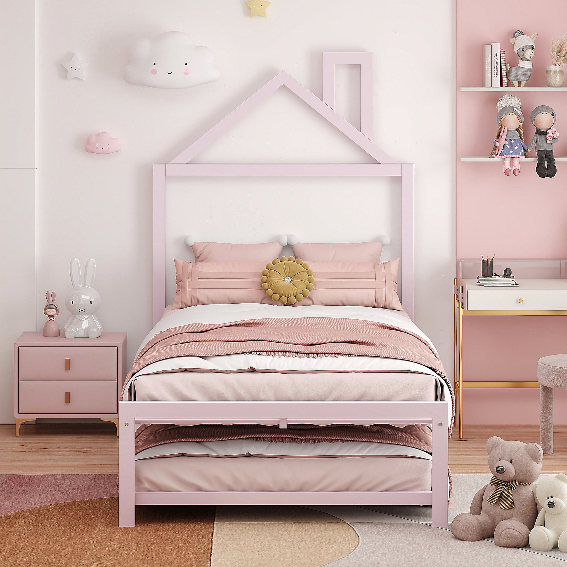 Twin Size Metal Platform Bed With Twin Size Trundle,House Shaped Headboard Design, Pink Twin Pink Metal