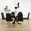 Modern Style Glass Dining Table, Elegant Transparent Design, Solid Support Base, Black Dining Chair Set, Gold Plated Chair Legs, Suitable For Restaurant Kitchens Set Of 7 Metal Gold Black Mdf Glass