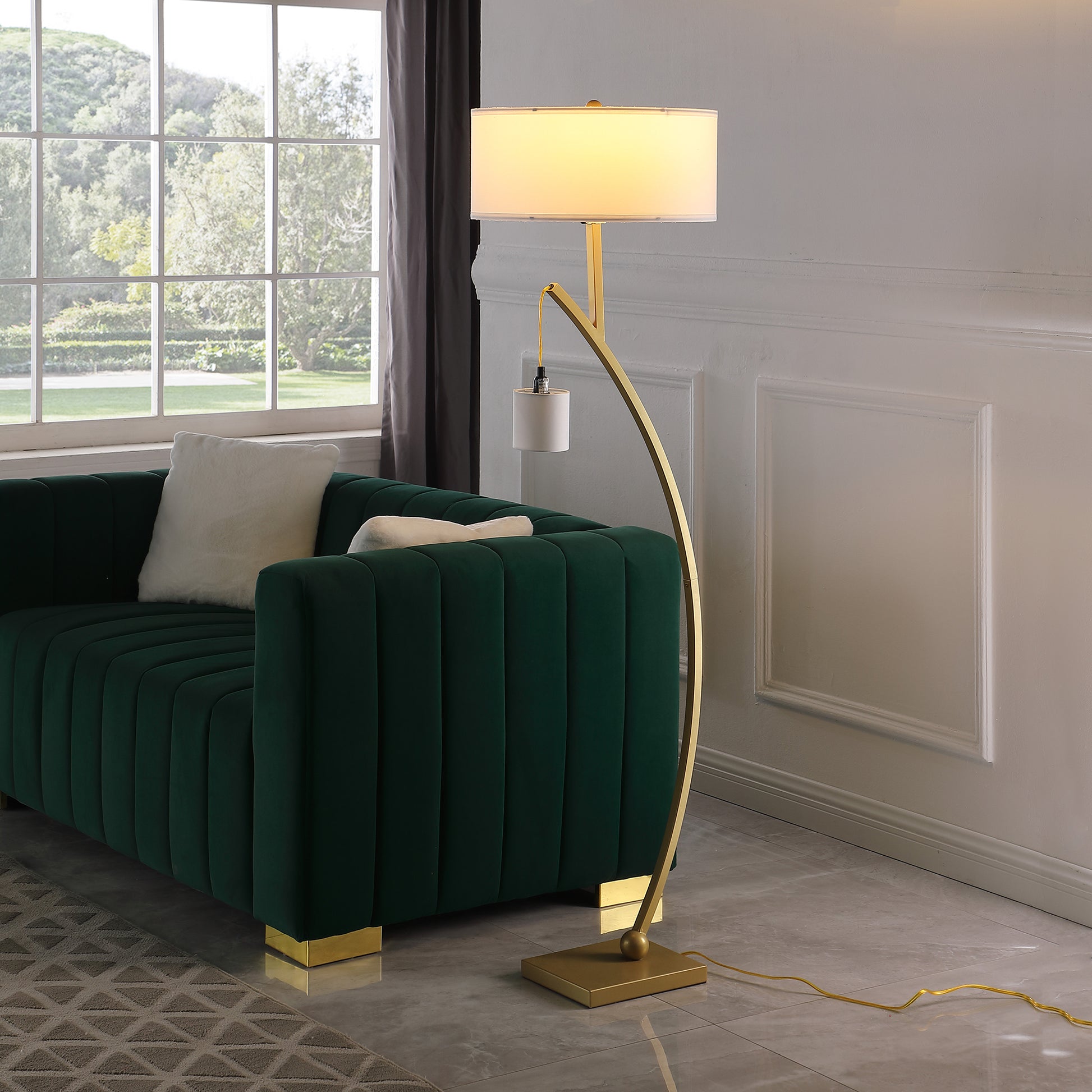 59" In Contemporary Dual Gold Arc W Hanging Pendelum Lamp Metal Floor Lamp Gold Fabric Metal