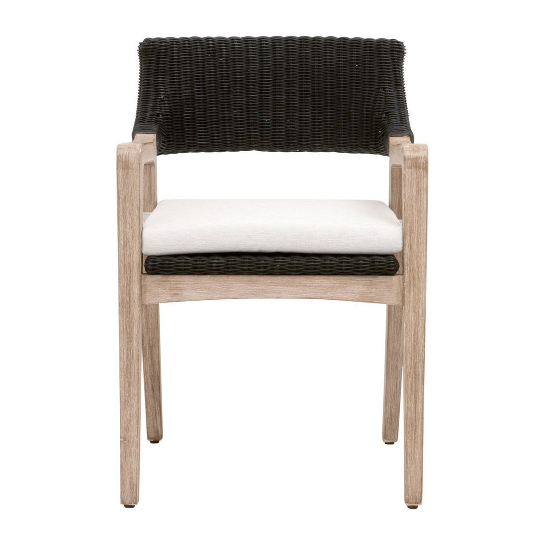 Uto 22 Inch Dining Outdoor Armchair, Black Rattan, White Olefin Upholstery White Black Wood