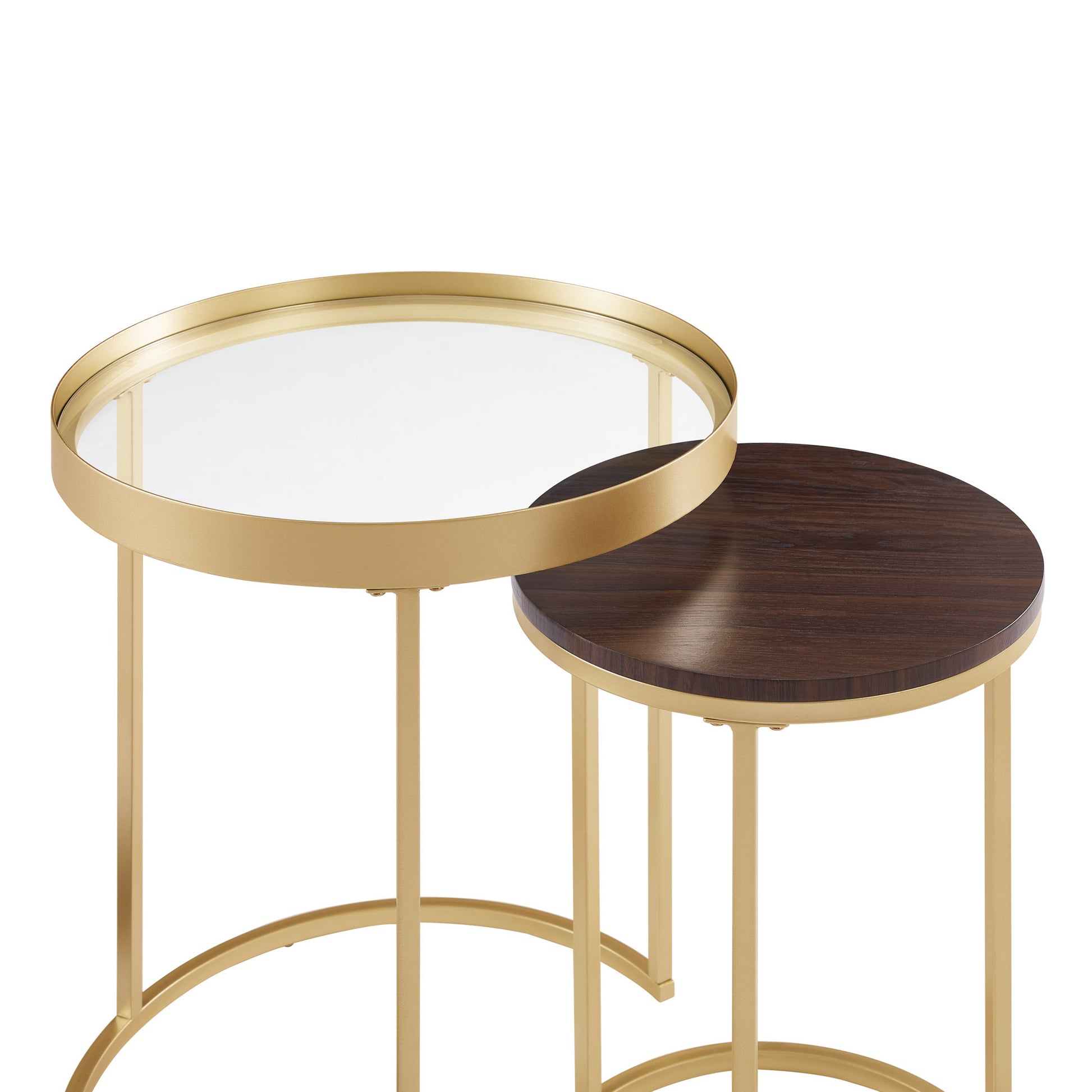 Contemporary Gold Metal Nesting Side Tables Dark Walnut Pale Gold Dark Brown Mdf