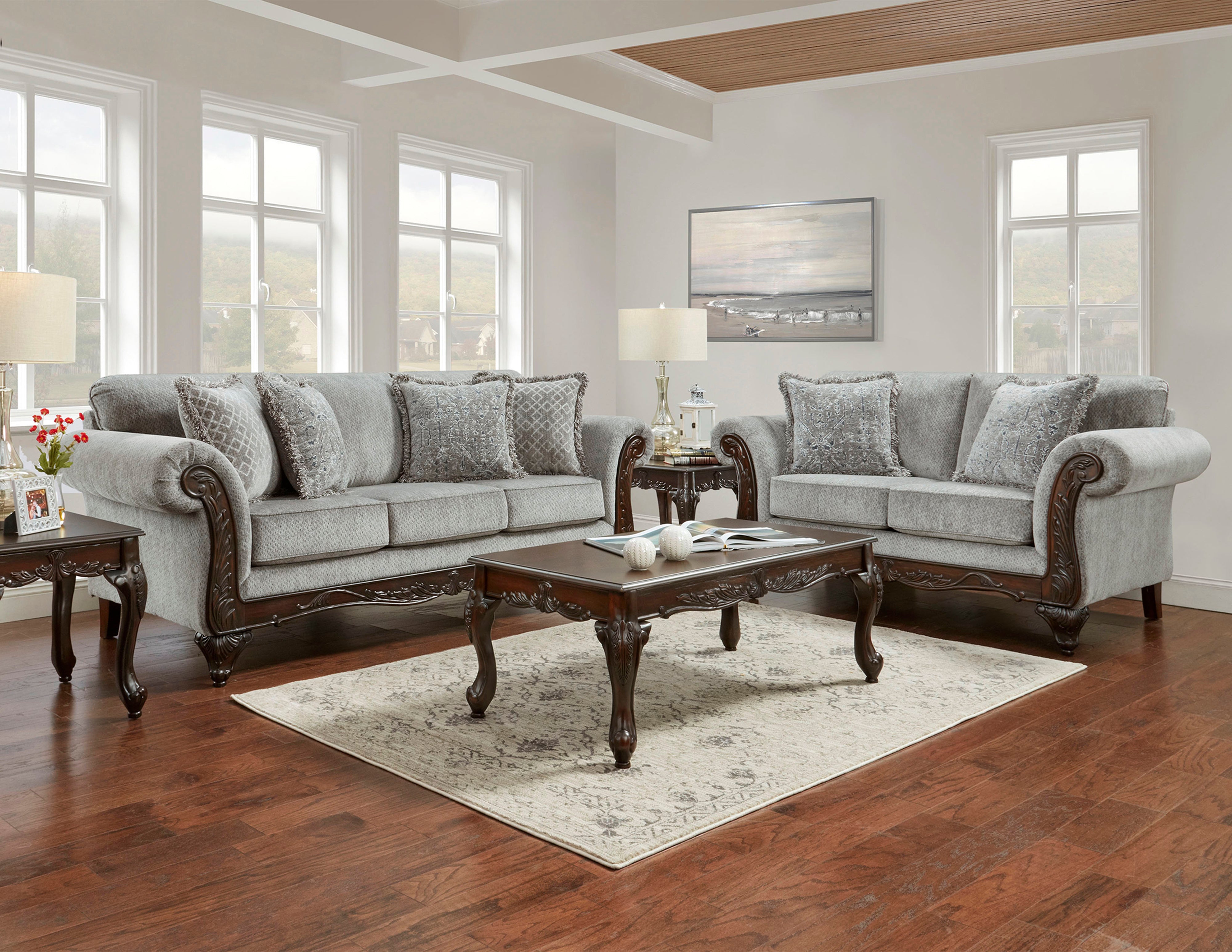 Hernen Carved Wood Frame Gray 5 Piece Living Room Set Gray Brown Faux