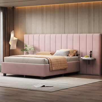 Full Size Upholstered Platform Bed With Big Headboard, Bedroom Furniture, Velvet, Pink Full Pink Plywood