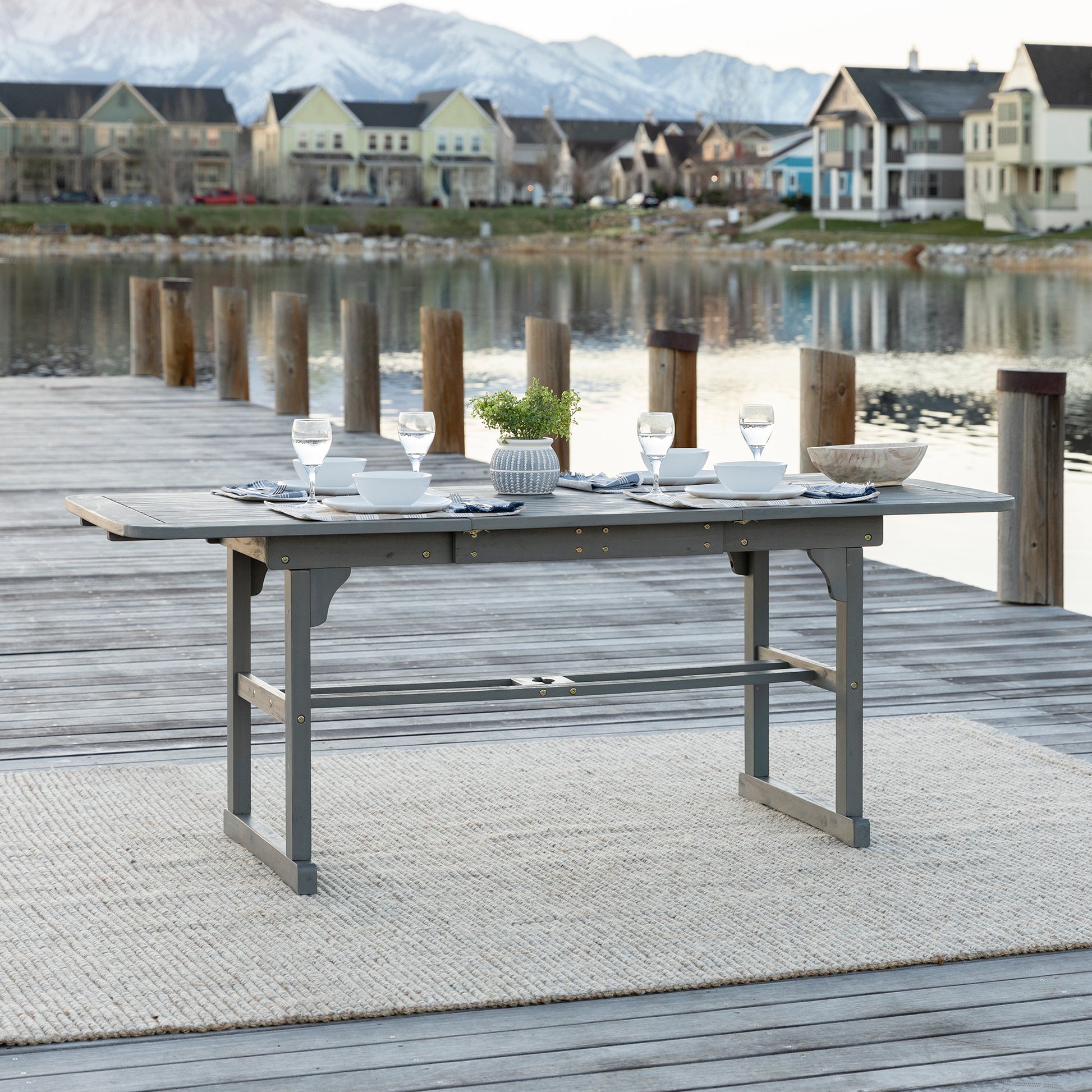 Modern Slat Top Solid Acacia Wood Butterfly Outoor Dining Table Grey Wash Gray Wash Polyester Acacia Wood