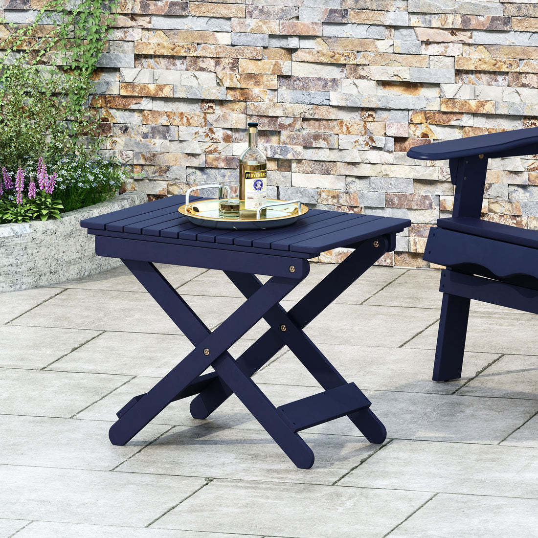 Outdoor Folding Wooden Side Table, Navy Blue, 15"D X 22.75"W X 18.25"H Navy Blue Acacia Wood