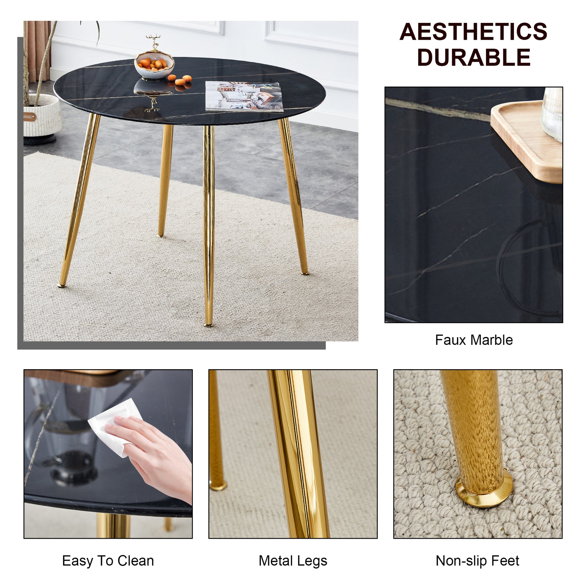 1 Table And 4 Chairs, A Modern Minimalist Circular Dining Table With A 40 Inch Black Imitation Marble Tabletop And Gold Plated Metal Legs, And 4 Modern Gold Plated Metal Leg Chairs. Black Gold Seats 4 Glass