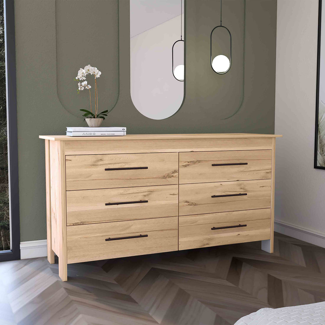 Double Dresser, 6 Drawer, Superior Top, Light Oak White Multicolor Solid Wood Mdf Engineered Wood