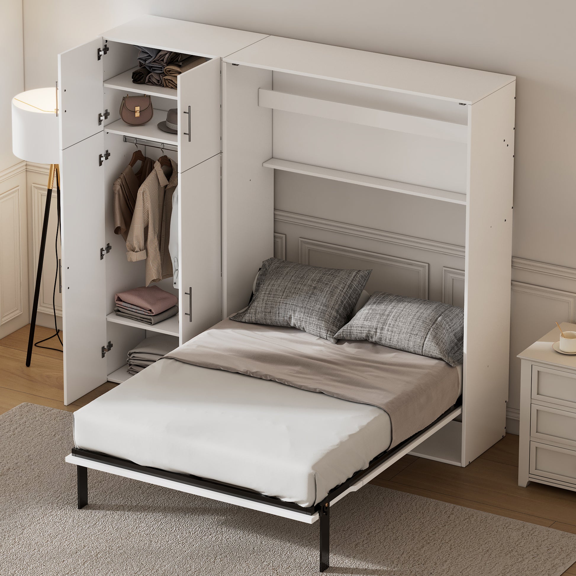 Full Size Murphy Bed With Lockers And Wardrobes, White Box Spring Not Required Full White Murphy Solid Wood Mdf