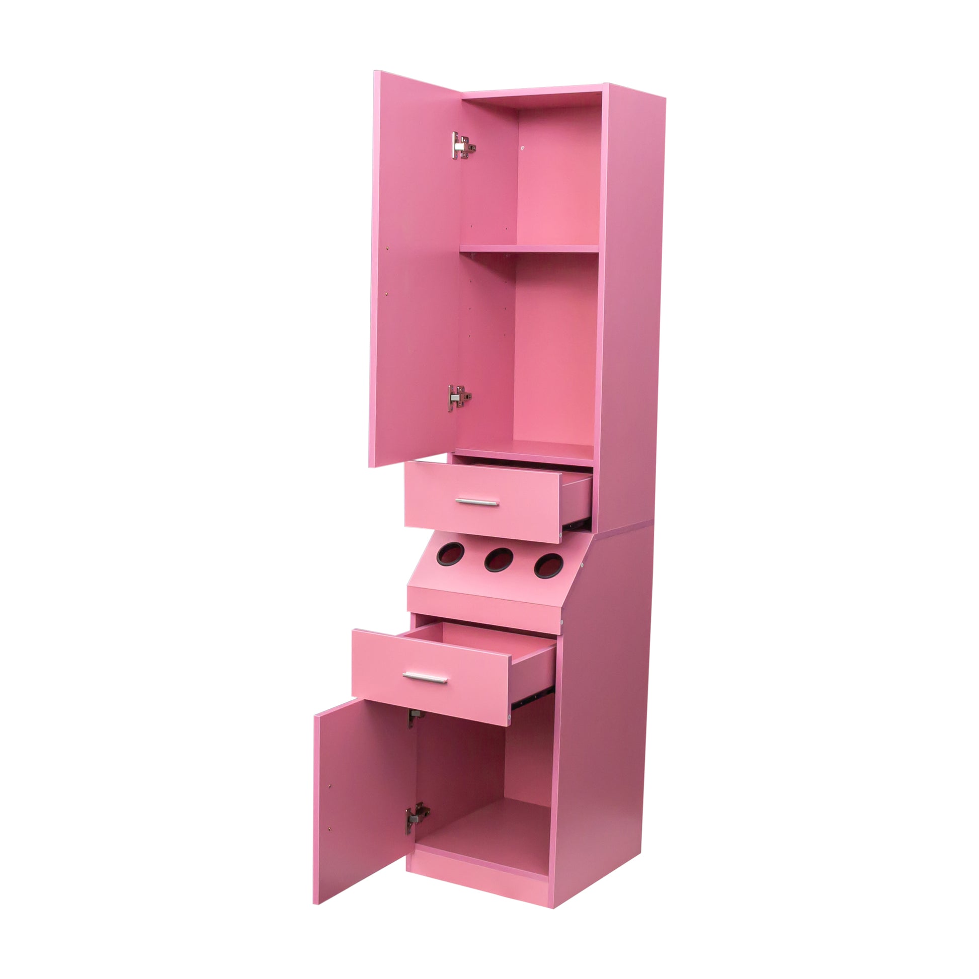 Salon Station, Barber Stations With 2 Tier Storage Shelf With Door, Hair Styling Storage Cabinet With 2 Drawer, A Large Storage Cabinet & 3 Hot Tool Holders Pink Particle Board Mdf